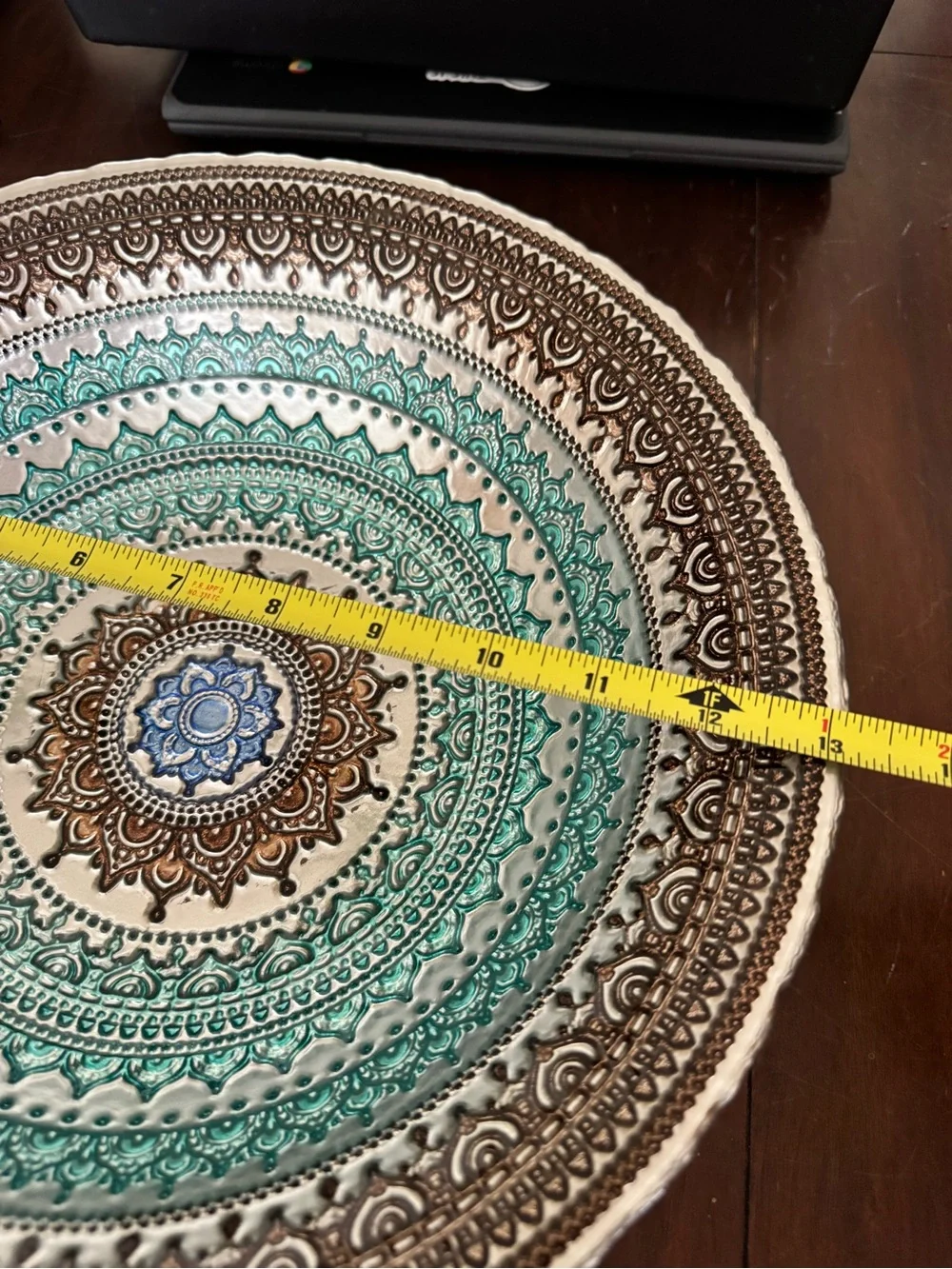 Intricate Teal and Brown Mandala Decorative Glass Bowl - Callout